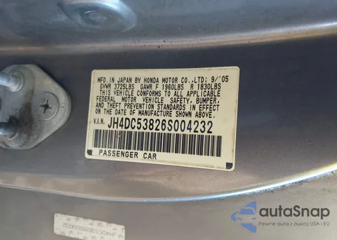 2006 Acura Rsx из США, поврежденный, VIN JH4DC53826S004232